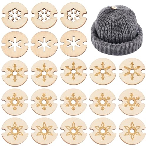 BENECREAT 50Pcs 5 Styles Snowflake Wooden Pom Poms Buttons, 20x3mm Flat Round Hat Pom Pom Holder, Knitted Hat Making Fastener Tool Handmade Buttons for Hat Pom Pom Ball Fixing