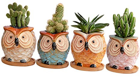 Happyyami 4stücke Keramik-blumentopf Für Sukkulenten Kreativer Blumentopf Mit Eulenmotiv Haushaltsblumentopf in Runder Form Glatte Oberfläche Mit Ablaufloch Bodenschale Für Heimgebrauch