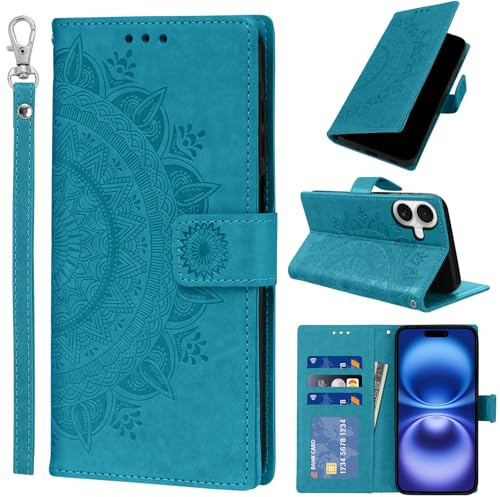 Pnakqil Coque pour Apple iPhone 16 avec Dragonne Portable, Téléphone Etui Protection, Pochette Portefeuille Porte-Cartes Support Rabat Cuir PU Magnétique Étui avec TPU Phone Housse, Bleu