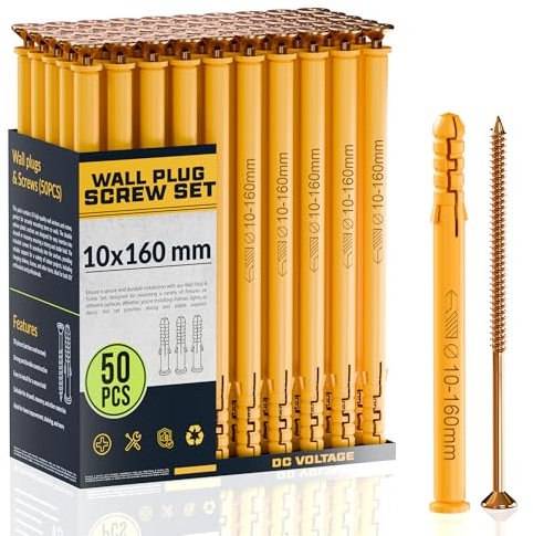 DC VOLTAGE 50 Pcs Wall Plugs and Screws Set 10mm x 160mm Concrete Fixings Screws and Wall Expansion Anchors Plugs Kit Wall Hanging Mounting TV Mount Drywall Self Tapping Screw Wall Plug