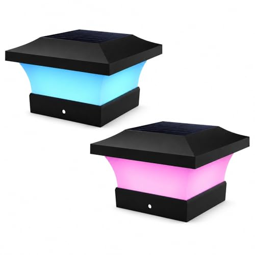 T-SUN Post Solar Lights, Outdoor Waterproof Solar Post Cap Lights for 4x4 Wooden (4 Pack) | 8 RGB Solid Colors, IP65 Waterproof, Fit for 4X4 5X5 6X6 Wood/Vinyl Posts, Solar Post Lights for Garden, Deck, Patio