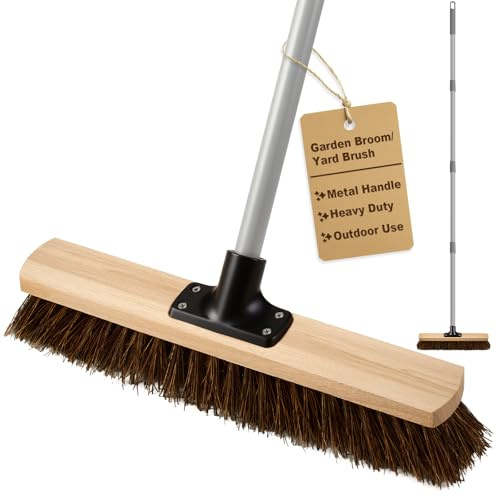 Mitclear Balai de jardin d'extérieur robuste de 40,6 cm avec long manche (160 cm), brosse de cour avec poils durs naturels en bassine et poteaux métalliques, brosse de balayage rigide pour terrasse