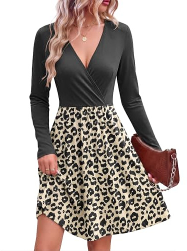 AUSELILY Ropa Mujer - Vestido Envolvente Mujer con Bolsillos - Escote V Fluido Elegante Casual Manga Larga hasta la Rodilla Leopardo Negro L