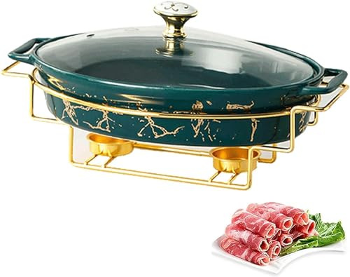 Chafing Dish, Ceramics Chafing Dish Buffet Set, Imitation Marble Finish Chafer and Buffet Warmer Set with Glass Lid & Fuel Holders for BuffetBanquet(Green,36cm)
