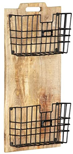 Teenpull Revistero de pared de madera maciza de mango, 33 x 10 x 67 cm, con 2 cestas de acero, resistente soporte para periódicos, revistas, libros, solución de almacenamiento decorativa