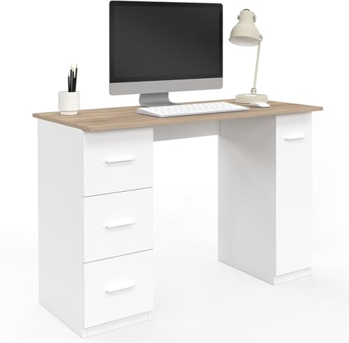 IDMarket – Escritorio derecho Mae 3 cajones y puerta armario blanco y madera