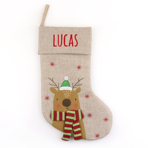 Mi Pipo - Calcetin Navidad Personalizado Yute - Reno Rudolf | Calcetín Navidad Chimenea Decorativo 25x40 cm con Cinta para Colgar | Personalización con Nombre, Cómodo | Decoración Navideña