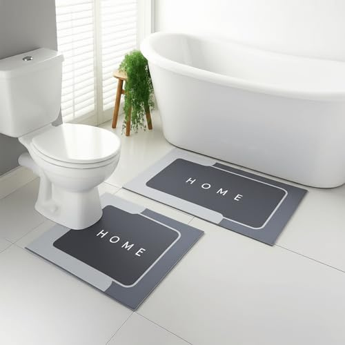 Rugs Inn Diatom Rubber Mats Set - Quick Water Absorbent, Non-slip, Anti-Mould for Bathroom, Shower and Toilet Floor (Grey)