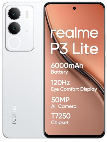 realme P3 Lite Smartphone 8+256 GB, Fotocamera AI da 50 MP, Processore Octa-Core, Display Eye Comfort a 120Hz, Batteria da 6000mAh, 15W Ricarica rapida, Cloud White (Senza adattatore)