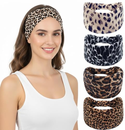 NOPVUFA 4 Pack Stirnbänder Damen Frauen Breites Haarband Leopardenmuster Boho Blumendruck Knot Elastische Lauf Sport Yoga Kopfwickel Haarbänder Fitness Gym Haarschmuck