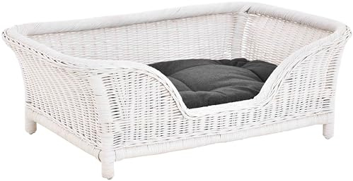 Korb-Outlet Eleganter Hundekorb/Hundebett aus echtem Rattan Tierkorb mit Kissen (Weiss)