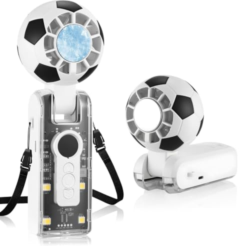 Ventilador de mano con diseño de fútbol con placa de refrigeración, 6 niveles de viento, batería de 3600 mAh, recargable, indicador LED y luz, 180 ° plegable USB mini ventilador para deportes