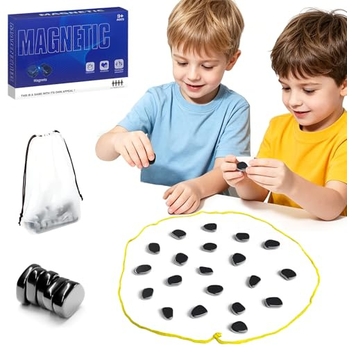 LUOHONG Juego de Mesa de Piedras Magnéticas, Juego Imanes Cuerda, Imanes Ajedrez Magnético Portátil, Irregulares Piedras para Relajación, Juego de Estrategia Familiar y Portátil para Viajes (20)