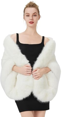 BEAUTELICATE Faux Fur Wrap Shawl Women’s Shrug Stole Cape for Winter Wedding Evening Brides Bridesmaids(One size, Ivory)