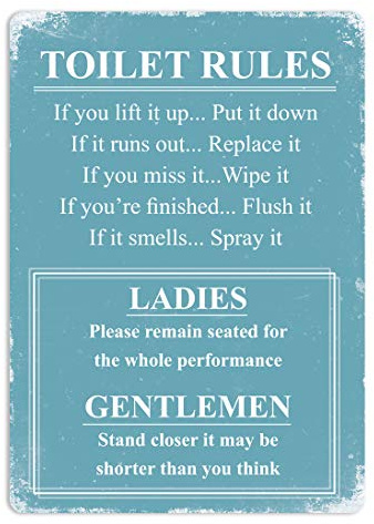 Cartel para el baño Toilet Rules, con normas en inglés; color azulPlaca de metal para colgar en la pared.Divertido.