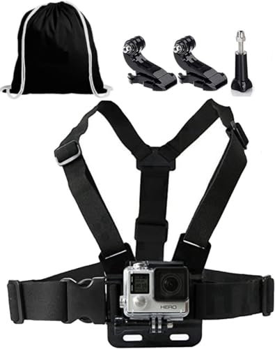 Chest Mount Harness Strap + J-Hook, Thumbscrew & Black Drawstring Storage Bag. Compatible with GoPro and all action cameras