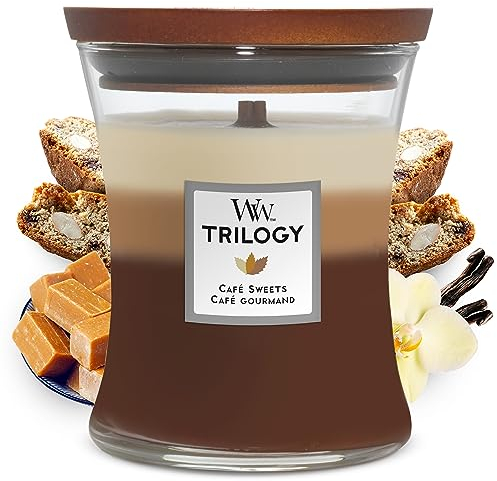 WoodWick mittelgroße Trilogy-Duftkerze im Sanduhrglas mit Pluswick-Innovation, Café Sweets