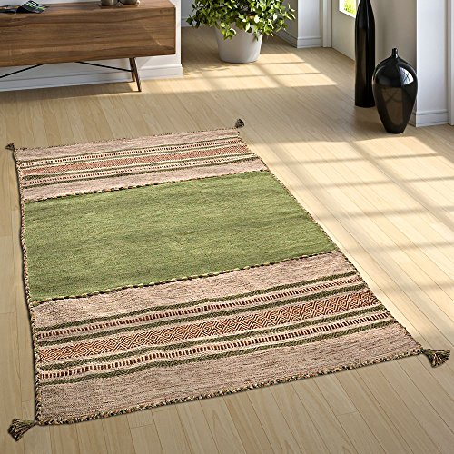 Paco Home Wohnzimmer Natur Teppich m. Fransen, Handgewebter Muster Kelim, 100% Baumwolle, Grösse:200x290 cm, Farbe:Grün