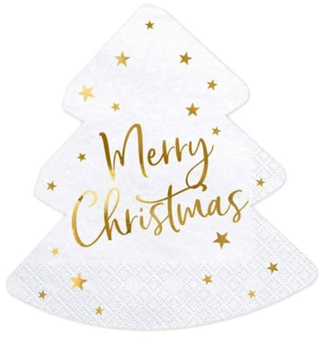 20er Pack Servietten Tannenbaum Merry Christmas Servietten Weiß Gold in Form von Weihnachtsbaum Christbaum Deko Weihnachtsparty Weihnachtsdeko