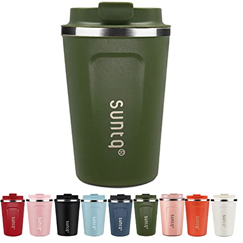 SUNTQ Kaffeebecher to go aus Edelstahl - Thermobecher Doppelwand Isoliert - Kaffeetasse mit Auslaufsicherem Deckel Wiederverwendbar (Grün, 380ml)