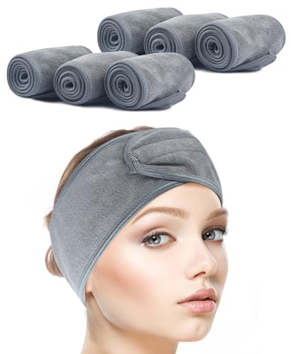 SINLAND 6 Stück Mikrofaser Make Up Haarband Kosmetik Stirnband Frottee Verstellbare Haarschutzband mit Klettverschluss Haarbänder für Gesicht,Sport,Yoga,Spa Grau