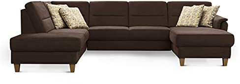 CAVADORE U-Form-Sofa Palera / Federkern-Wohnlandschaft im Landhausstil / 314 x 89 x 212 / Mikrofaser-Bezug, Braun
