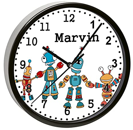 CreaDesign, Wanduhr Kinder personalisiert mit Name, Motiv Roboter Familie, Rahmen Wanduhr schwarz, Ø 19,5 cm