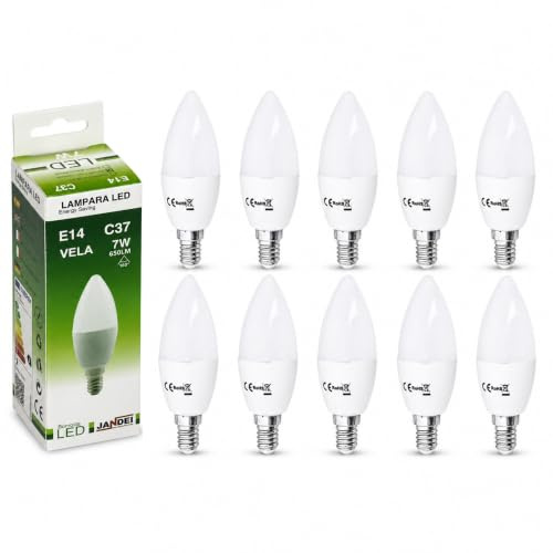 JANDEI - 10 x LED Kerzenlampe 7W E14 3000K Typ C37, Warmweiß 3000K. Perfekt für Wohnzimmer, Büros, Badezimmer, Schlafzimmer. Energieeinsparung.