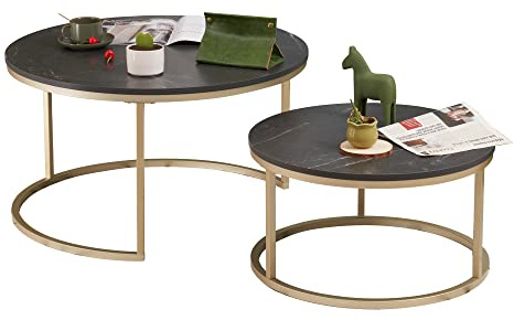 Soayone Couchtisch Rund 2er Set, Schwarz Marmor Couchtisch mit Gold Metallgestell, Beistelltisch Rund, Wohnzimmertisch Modern, Satztische fürs Wohnzimmer Schlafzimmer Balkon