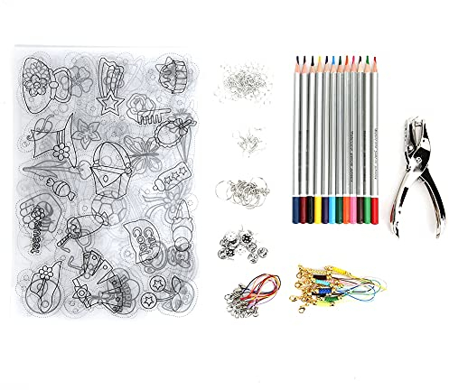 Qcwwy 6 Stück Schrumpffolien, handgefertigte Schrumpffolie mit Buntem Bleistift-Kit, Locher, Schlüsselanhänger, Karabinerverschluss für, kreatives DIY, Handarbeit