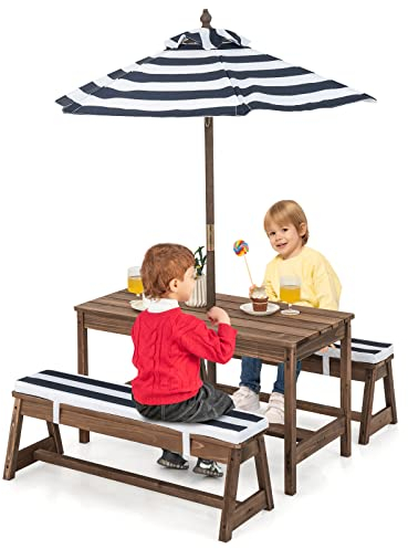 DREAMADE Kindersitzgruppe mit Sonnenschirm, Kinderpicknictisch mit 2 Bänke, Gartenmöbel für Kinder aus Tannenholz, Kinder Sitzbank für Outdoor & Indoor (Blau)