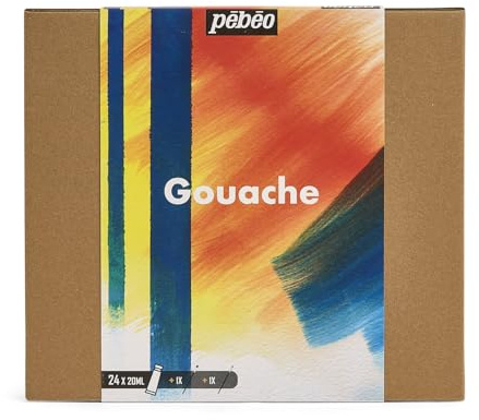 Pébéo - Studio XL Gouache - Set 24 Tubi 20 Ml Colori assortiti + Accessori - Kit Gouache per artisti e principianti - Pennelli + Spatola + Cartone - Colori vivaci e brillanti