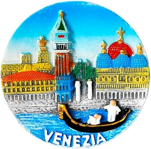 KUSTOM ART 3D-Kühlschrankmagnet aus Harz Venedig Italien Glockenturm San Marco und Gondola Souvenir Geschenk Haus Küche Sammlerstück Durchmesser 6,5 cm