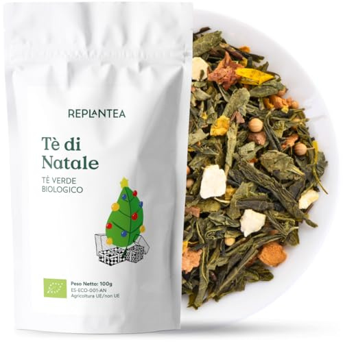 TÈ DI NATALE BIO 100g (50 Tazze) | Tè Verde di Natale con Cannella, Arancia, Pepe Rosa e Chiodi di Garofano REPLANTEA