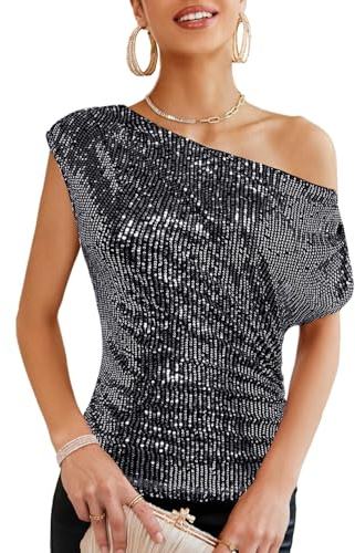GRACE KARIN Damen Pailletten Oberteil One-Shoulder, Asymmetrisch & Voll Gefüttert, Festliches Party Outfit Schwarz- Silber M