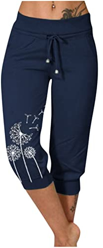 EMATOP Sommer Hose für Frauen 3/4 Capris Jogginghose Freizeit Leichte Sweathose Elastische Taille Sporthose mit Taschen Laufhosen Löwenzahn Muster Freizeithosen Baumwolle Bequem Yogahose