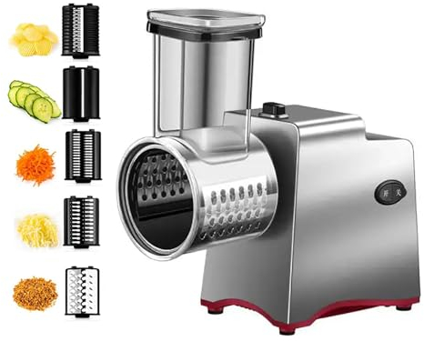 Rallador eléctrico de queso 5 en 1 de acero inoxidable, cortador de verduras, potente funcionamiento con 1 botón, ideal para frutas y verduras, cortado en rodajas de 2 mm y filamento de 4 mm