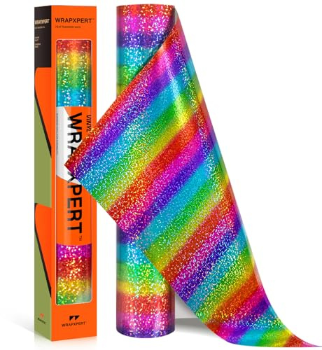 WRAPXPERT Holographic Rainbow HTV Iron on Vinyl Ombre Patterned Shimmer Heat Transfer Vinyl for T-Shirts, 12''x5ft Holographic Glitter Vinyl Rolls for DIY Clothing Pattern,Stretchable & Washable