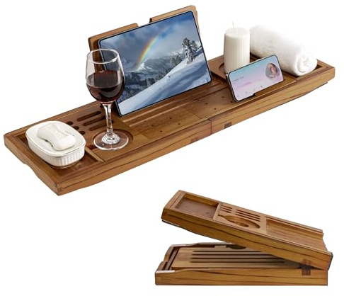 Luxury Teak Bathtub Tray - Foldable Bath Caddy with Expandable Handles, Wine Glass & Phone Holder, Book Stand - Enhance Home Spa Experience with Natural Material - Relaxing & Reading, Teak