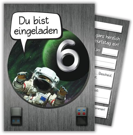 JuNa-Experten 12 Einladungskarten zum 6. Kindergeburtstag Jungen Astronaut Space Rakete Einladungen sechste Geburtstag