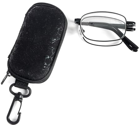 MMOWW Faltbare Lesebrille Mini Edelstahl Blaulichtfilter mit Brillentasche | für Damen und Herren, mit Teleskopstange, Schwarz,+1.5