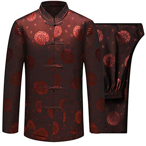 XMWOEIX Cinese Tradizionale Manica Lunga Tang Kung Fu Uniforme da Uomo Camicia Kung Fu Giacca Top e Pantaloni, Uomo Tang Vestito Cinese Arti Marziali Uniforme Meditazione Vestito rosso-41