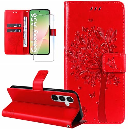 Dcjlbo Cover per Samsung Galaxy A56 5G Custodia Cover in Pelle Portafoglio a Libro con Pellicola Vetro Temperato Porta Carte Cover Flip Case Antiurto Custodia per Samsung A56 5G-Rosso