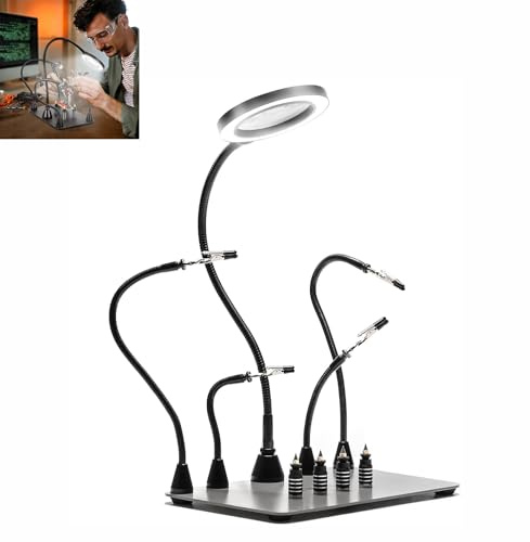 Magnetic Helping Hands Soldering Station with an 11.1 x 7.1 Inch Larger Base, 6X LED Magnifying Lamp, 4 PCB Circuit Board Holder & 4 Flexible Magnetic Helping Hands [Energy Class F]