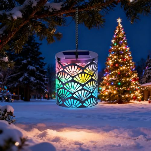Mehrfarbige RGB-Solarlaterne - USB-C + Solarpanel, Metall-Hängelaterne mit LED-Glühbirne für Gärten, Terrassen und Weihnachtsdekorationen – ideale Geschenk für Mama oder Oma, Fächerförmiges