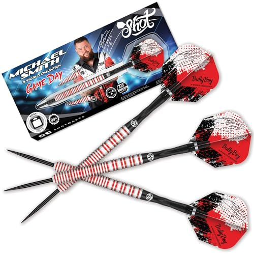 Shot! - Michael Smith Game Day Steeldarts | 90% Wolfram | Mikrorillen für festen Griff | Quadratische Rillen für Konsistenz | 24 Gramm