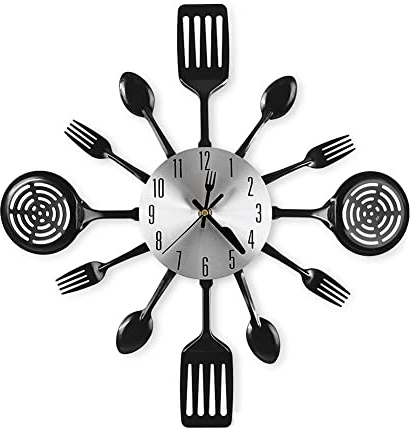 Quystetes Relojes de Pared de Cocina Grandes de 16 Pulgadas con Cucharas y Tenedores, Reloj de Pared de Vajilla 3D, DecoracióN del Hogar (Negro)