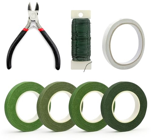 Blumendraht Grün, 4 Rollen Floristenband 12mm x 27m, Draht-Schneider und Doppelseitigem Klebeband, Floristendraht und Floristenkrepp für Weihnachtskranz, Floristik und Geschenkverpackung( (7 Stück)