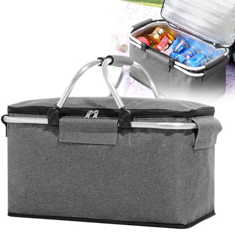 Penbinmall Einkaufskorb Kühltasche Groß Isolierkorb KüHlkorb KüHltasche Picknickkorb Picknicktasche mit Zwei Griffen -für Reisen/Picknick/Einkaufen/Geschenk (Grau Kühltasche)