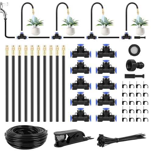 MEKOTRIN 49FT Automatic Drip Irrigation Kit, 360° Adjustable Bendable Garden Watering Misting Cooling System with 10 Pcs Brass Mist Nozzles 15m Misting Line for Yard Lawn Plants Flower Bed